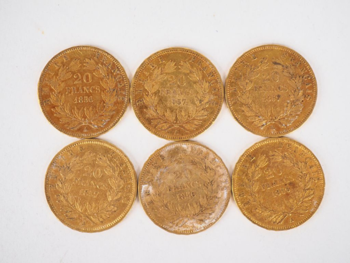 Six pièces de 20 Francs or, 1856-A (x3) et 1857-A (x3). FRAIS ACHETEUR