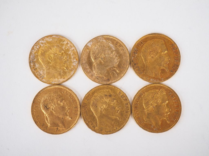 Six pièces de 20 Francs or, 1860-A (x3), 1862-A, 1863-A et 1863-BB. FR