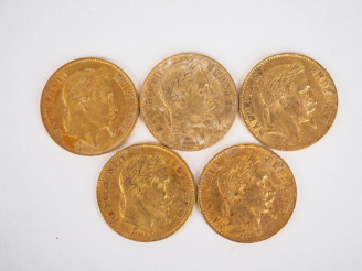 Vente aux enchères Cinq pièces de 20 Francs or, 1868-BB (x2), 1868-A et 1868-BB (x2). FRA