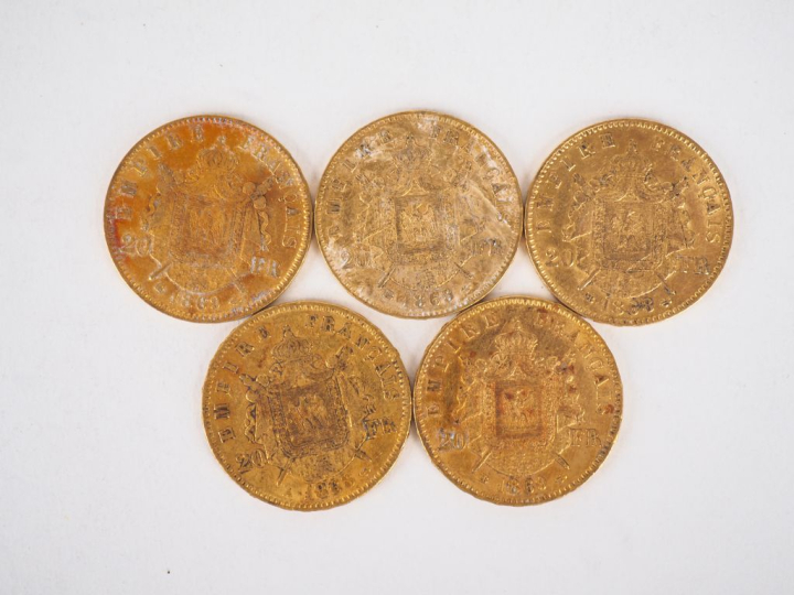 Cinq pièces de 20 Francs or, 1868-BB (x2), 1868-A et 1868-BB (x2). FRA