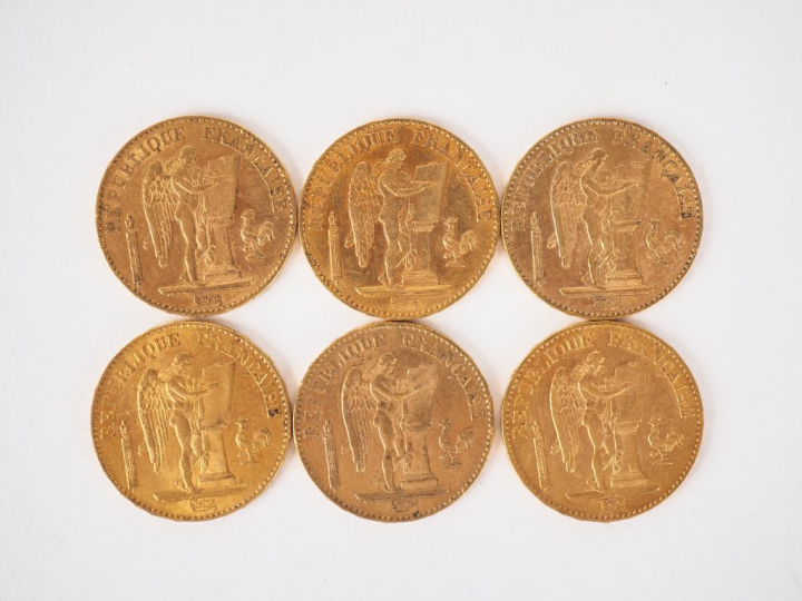 Six pièces de 20 Francs or, 1876-A (x3) et 1877-A (x3). FRAIS ACHETEUR
