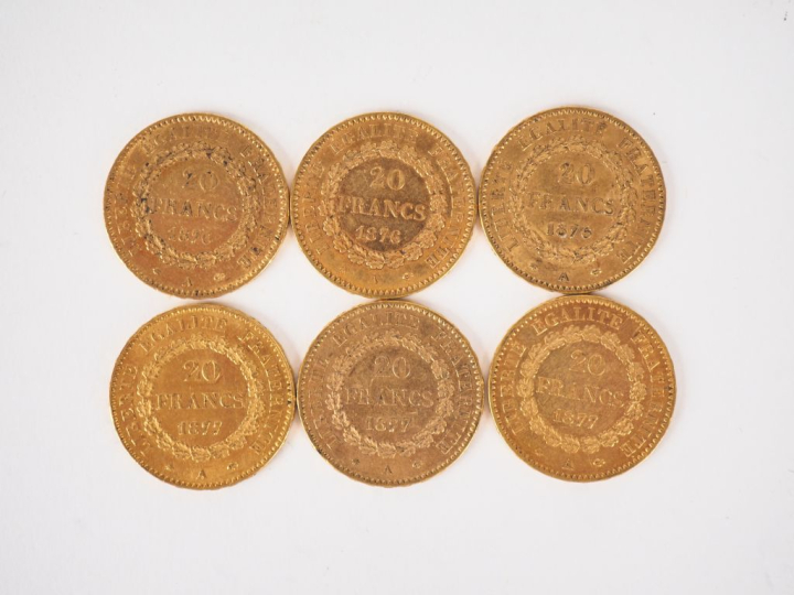 Six pièces de 20 Francs or, 1876-A (x3) et 1877-A (x3). FRAIS ACHETEUR