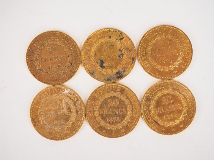 Six pièces de 20 Francs or, 1878-A. FRAIS ACHETEURS 10% HT.   