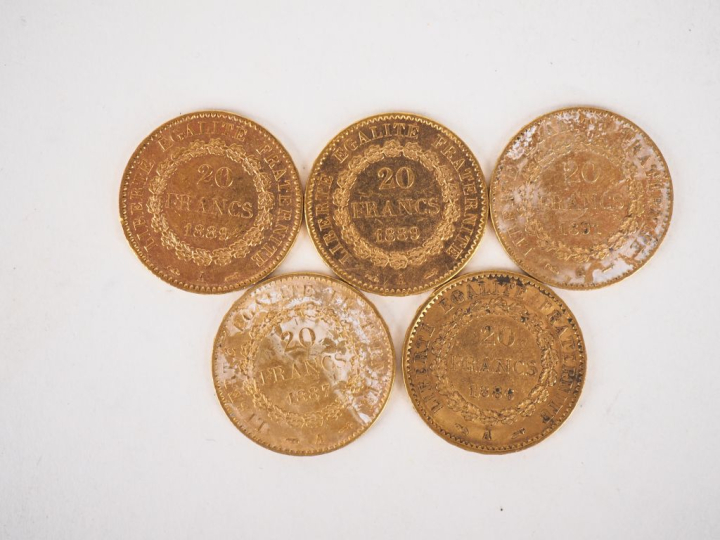 Cinq pièces de 20 Francs or, 1886-A, 1887-A, 1889-A et 1891-A.  FRAIS 