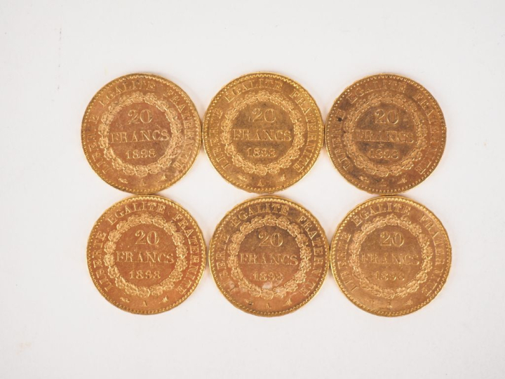 Six pièces de 20 Francs or 1898-A. FRAIS ACHETEURS 10% HT.   