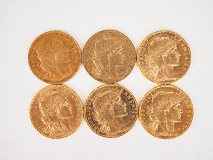 Six pièces de 20 Francs or, 1905. FRAIS ACHETEURS 10% HT.   