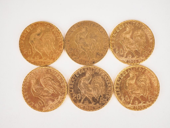 Six pièces de 20 Francs or, 1905. FRAIS ACHETEURS 10% HT.   