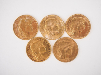 Vente aux enchères Cinq pièces de 20 Francs or, 1906. FRAIS ACHETEURS 10% HT.   
