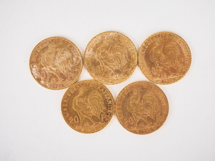 Cinq pièces de 20 Francs or, 1906. FRAIS ACHETEURS 10% HT.   