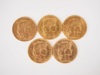 Vente aux enchères Cinq pièces de 20 Francs or, 1913. FRAIS ACHETEURS 10% HT.   