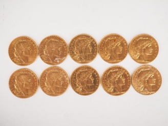 Vente aux enchères Dix pièces de 20 Francs or, 1914. FRAIS ACHETEURS 10% HT.   