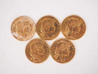 Vente aux enchères Cinq pièces de 20 Francs or, 1914. FRAIS ACHETEURS 10% HT.   