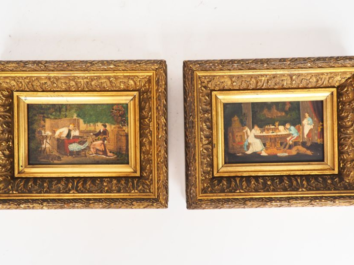 Ecole française fin XIXème. "Le dîner" et "le thé". 2 huiles sur panne