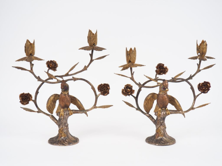 Paire de bougeoirs doubles en argent et vermeil mexicain, titré 925 mm