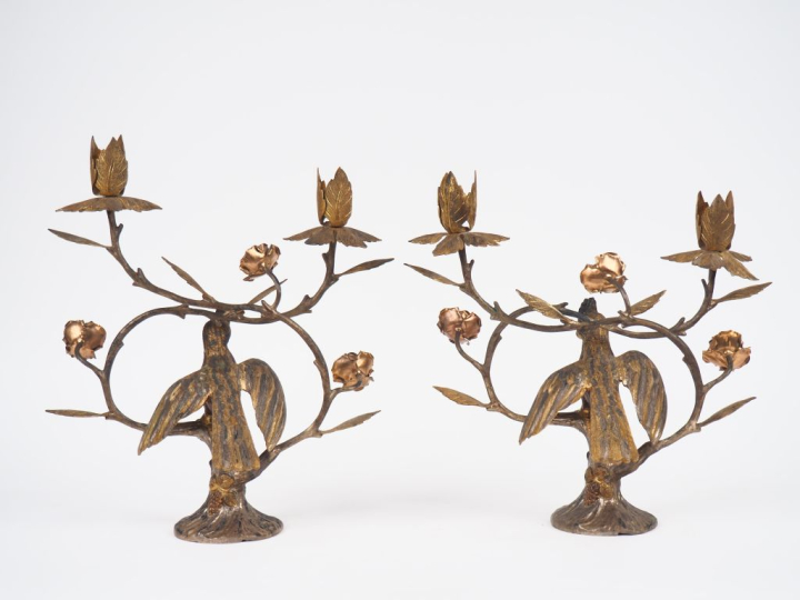 Paire de bougeoirs doubles en argent et vermeil mexicain, titré 925 mm