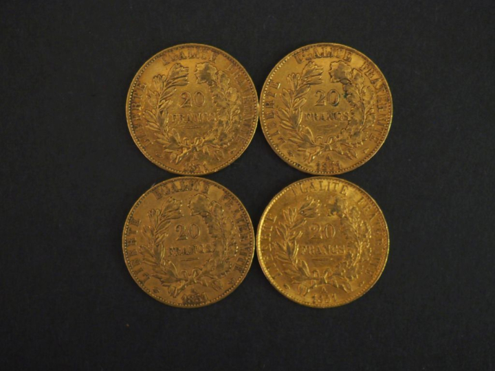 Quatre pièces de 20 Francs or, 1851-A.  FRAIS ACHTEURS 10% HT.   