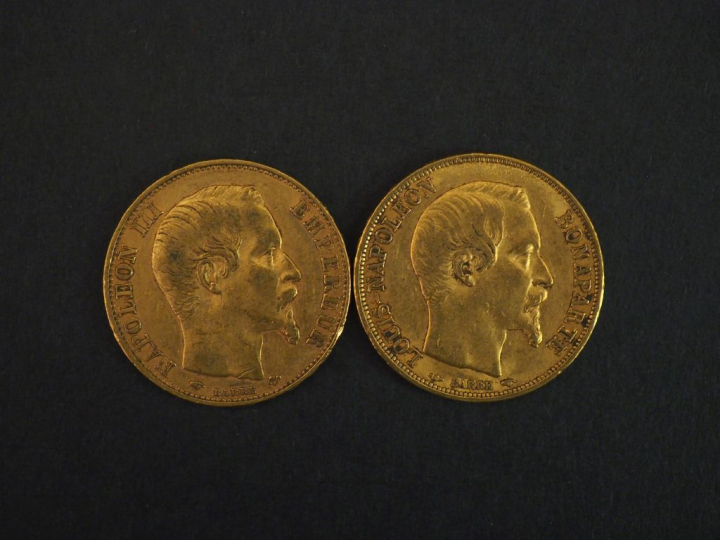 Deux pièces de 20 Francs or, 1852-A et 1856-A. FRAIS ACHETEURS 10% HT.