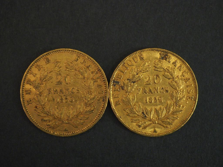 Deux pièces de 20 Francs or, 1852-A et 1856-A. FRAIS ACHETEURS 10% HT.