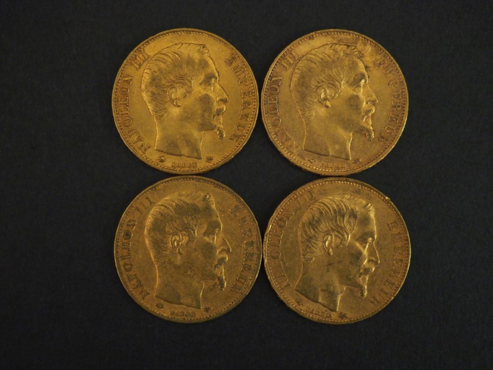 Quatre pièces de 20 Francs or, 1859-A (x3) et 1859-BB.  FRAIS ACHETEUR