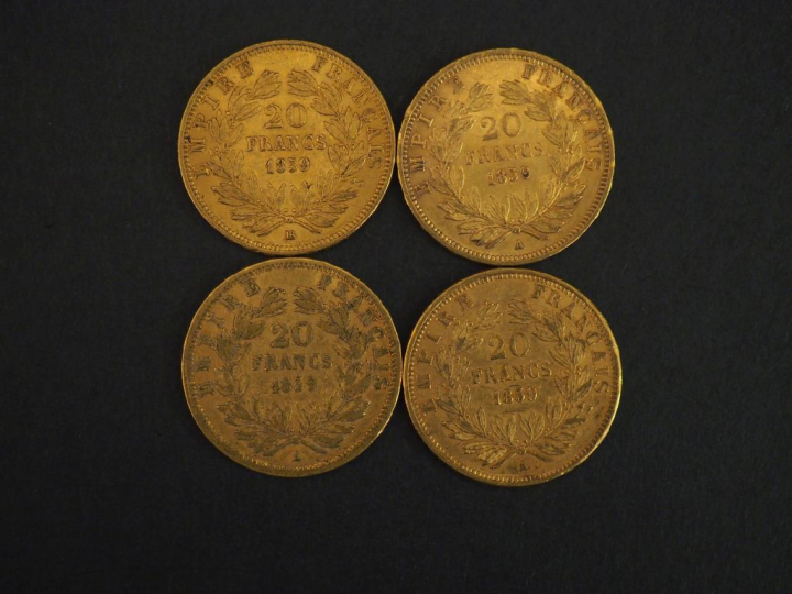 Quatre pièces de 20 Francs or, 1859-A (x3) et 1859-BB.  FRAIS ACHETEUR