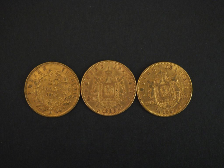 Trois pièces de 20 Francs or, 1860-BB, 1863-A et 1865-A.  FRAIS ACHETE