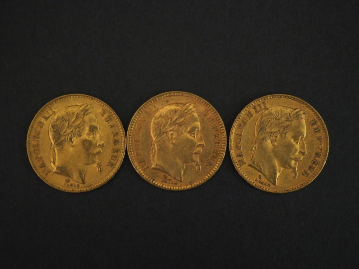 Trois pièces de 20 Francs or, 1866-A, 1868-A et 1869-BB. FRAIS ACHETEU