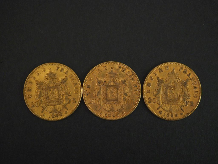 Trois pièces de 20 Francs or, 1866-A, 1868-A et 1869-BB. FRAIS ACHETEU