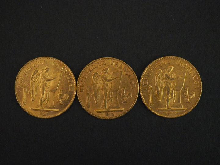 Trois pièces de 20 Francs or, 1875-A (x2) et 1877-A.  FRAIS ACHETEURS 