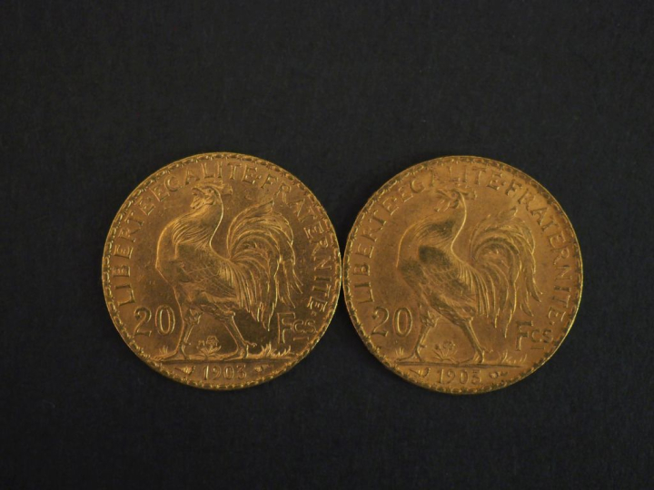 Deux pièces de 20 Francs or, 1903. FRAIS ACHETEURS 10% HT.   