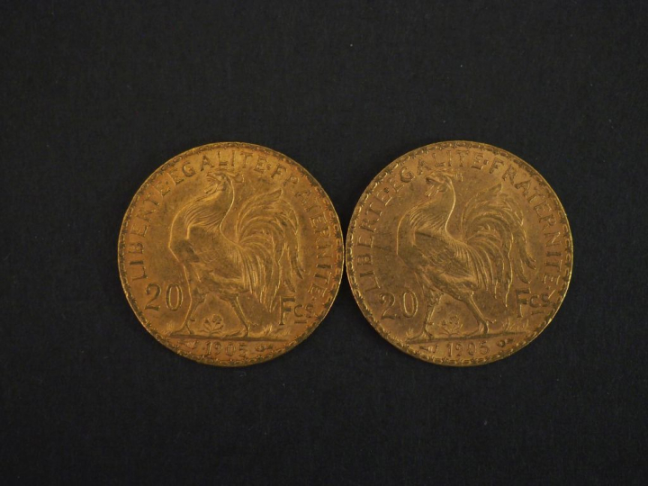 Deux pièces de 20 Francs or, 1905. FRAIS ACHETEURS 10% HT.   