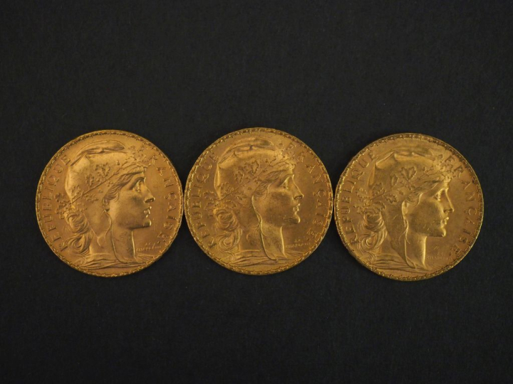 Trois pièces de 20 Francs or, 1906, 1911 et 1914. FRAIS ACHETEURS 10% 