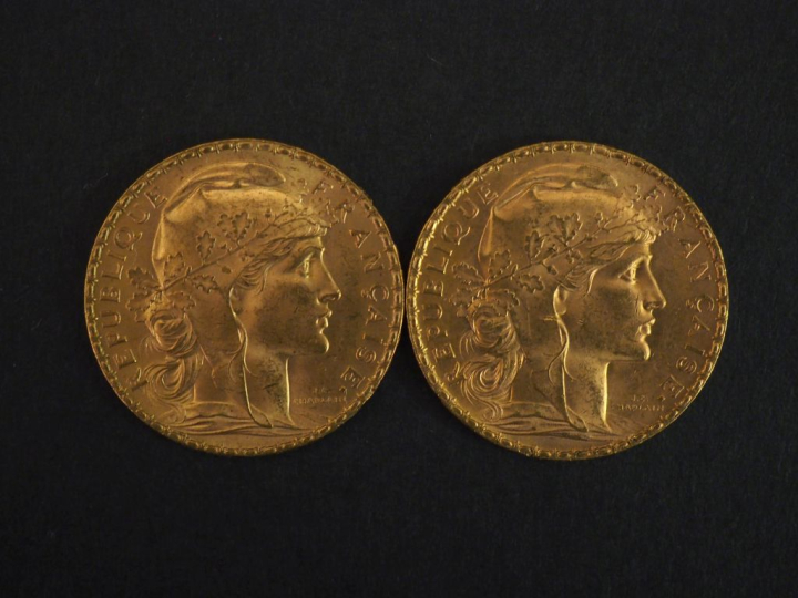 Deux pièces de 20 Francs or, 1907. FRAIS ACHETEURS 10% HT.   