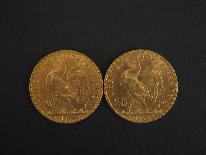 Deux pièces de 20 Francs or, 1907. FRAIS ACHETEURS 10% HT.   