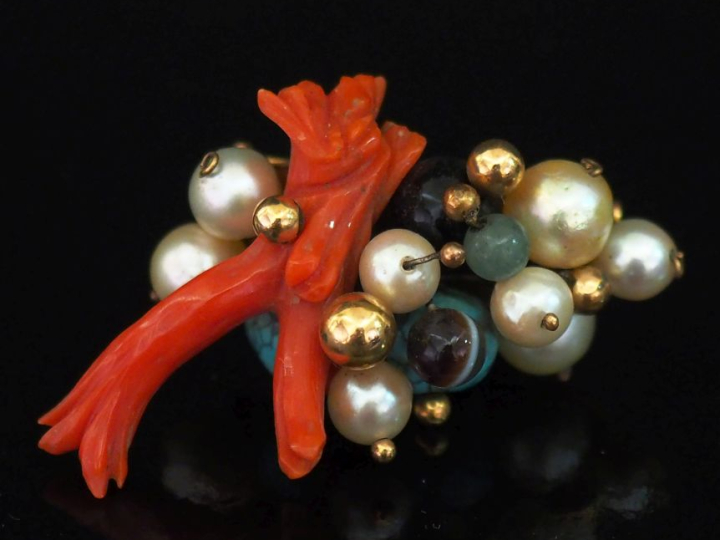 Broche ovale en or jaune 750, sertie de perles blanches, agate, turquo
