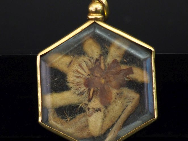 Pendentif hexagonal en or jaune 750 et verre, serti de fleurs sechées.
