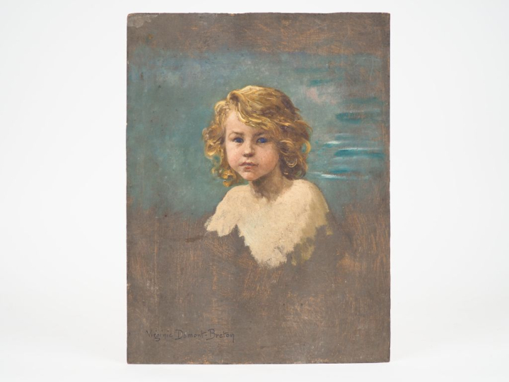 Virginie DEMONT-BRETON. "Portrait d'enfant".  Huile sur panneau, signé