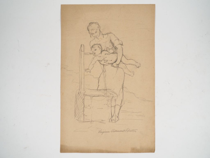 Virginie DEMONT-BRETON. "Etude, jeune mère et son bébé".  Crayon, sign