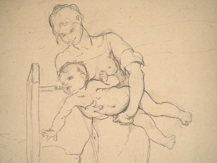 Virginie DEMONT-BRETON. "Etude, jeune mère et son bébé".  Crayon, sign
