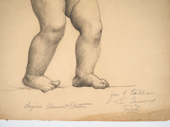 Virginie DEMONT-BRETON. "Etude pour les jumeaux".  Crayon, signé.  Dim