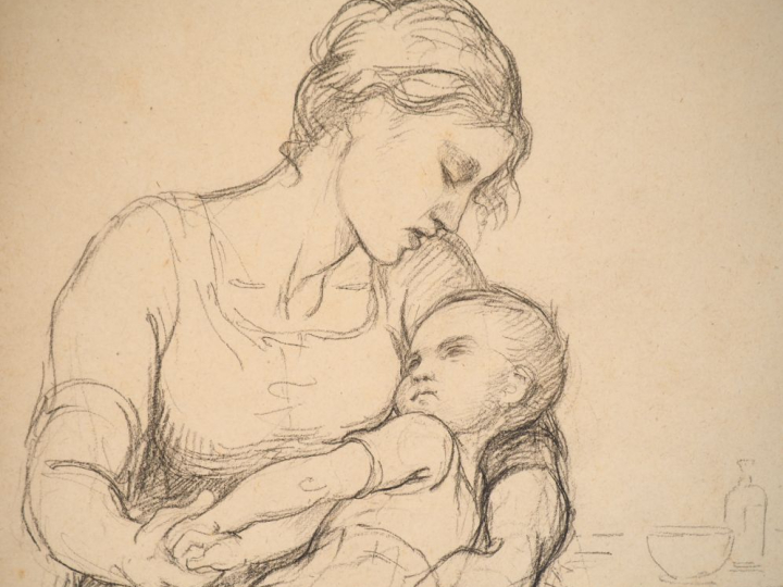 Virginie DEMONT-BRETON.  "Maternité".  Crayon sur papier. Signé en bas