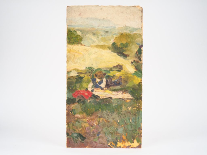 Mario CAVAGLIERI.  "Jeune fille sur l'herbe, Zermatt" Huile sur carton