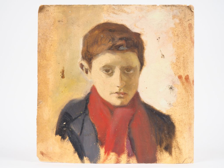 Mario CAVAGLIERI.  "jeune garcon à l'écharpe rouge"  Huile sur carton,