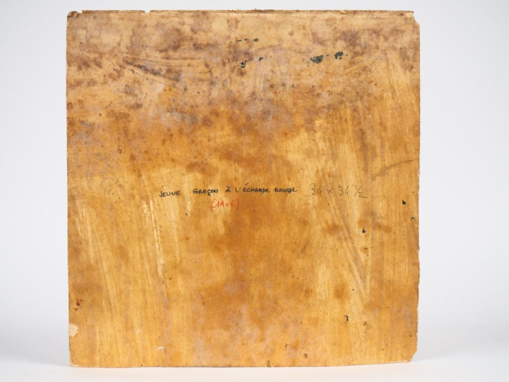 Mario CAVAGLIERI.  "jeune garcon à l'écharpe rouge"  Huile sur carton,