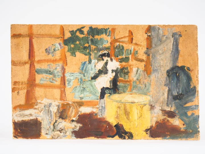 Mario CAVAGLIERI.  "Térésina assise à l'entrée de la terrasse"  Huile 