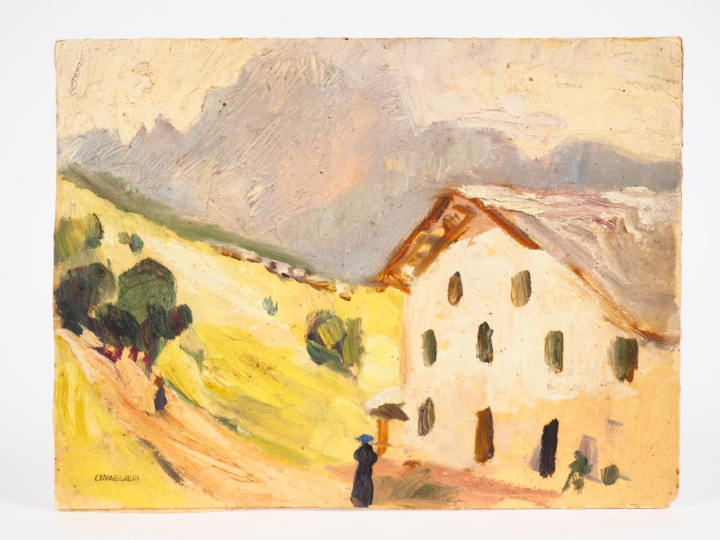 Mario CAVAGLIERI.  "Ferme dans la montagne" Huile sur carton, signée e