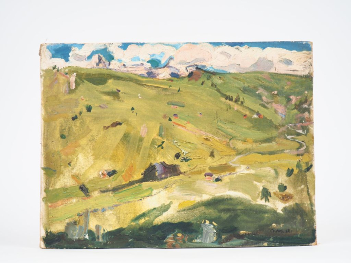Mario CAVAGLIERI.  "les alpages" Huile sur toile, signée en bas à droi