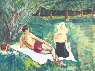 Vente aux enchères Mario CAVAGLIERI.  "couple à Peyloubère plage".  Huile sur toile, sign