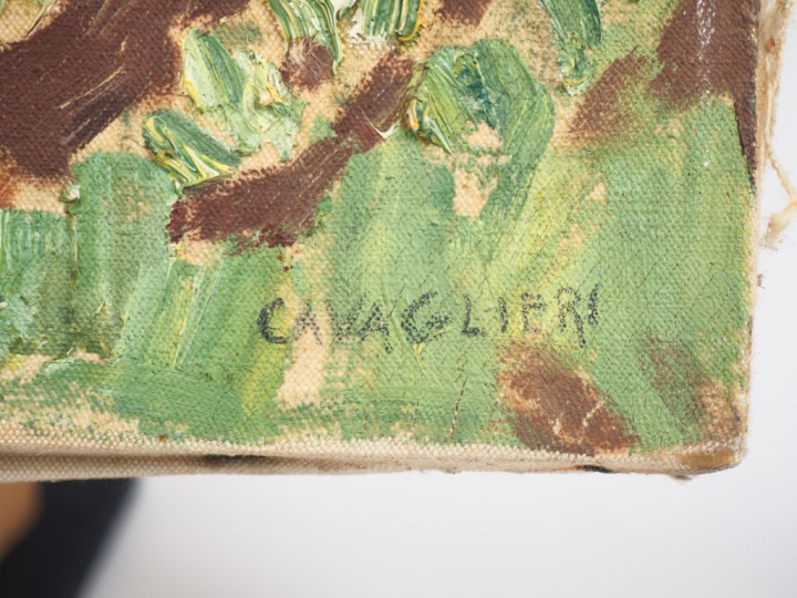 Mario CAVAGLIERI.  "Le puits" Huile sur toile, signée en bas à droite.