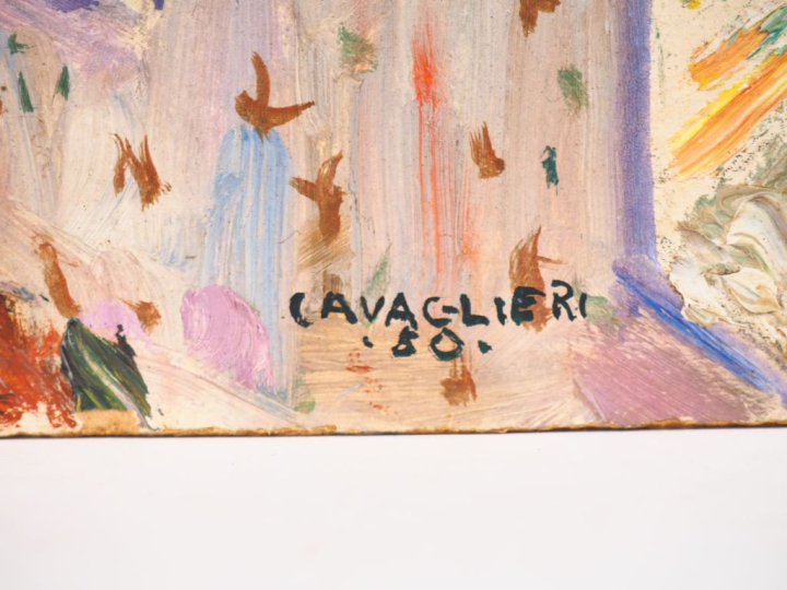 Mario CAVAGLIERI.  "Intérieur de chapelle" Huile sur carton, signée en