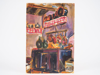 Vente aux enchères Mario CAVAGLIERI.  "cuisine à Monfort" Huile sur carton, signée en hau
